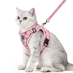PUPTECK cat harness and leash set in the Pink Flowers pattern, shown from the front.