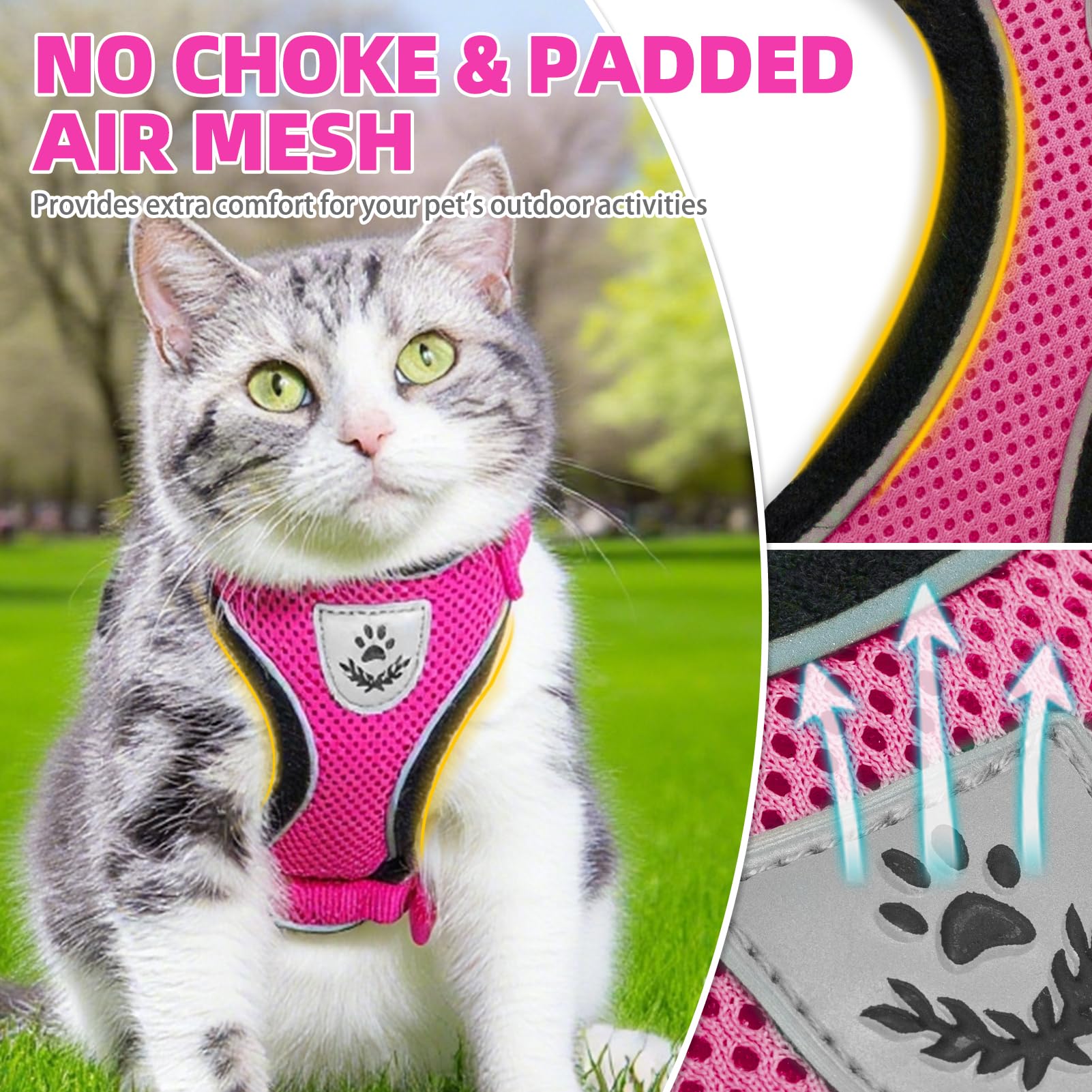 PUPTECK cat harness close-up showing the soft breathable mesh fabric.