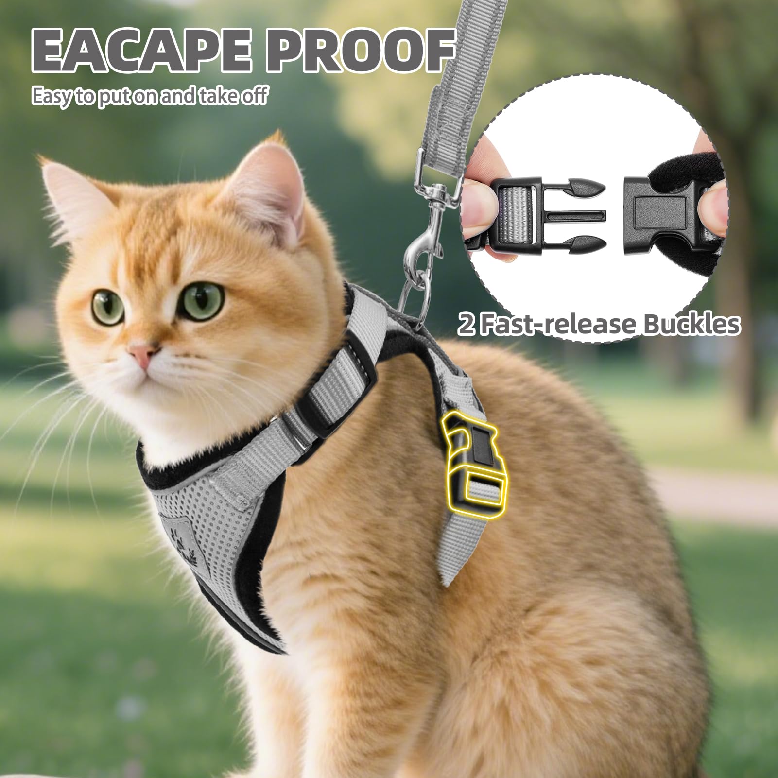 PUPTECK cat harness detail showing the quick-release neck buckle.