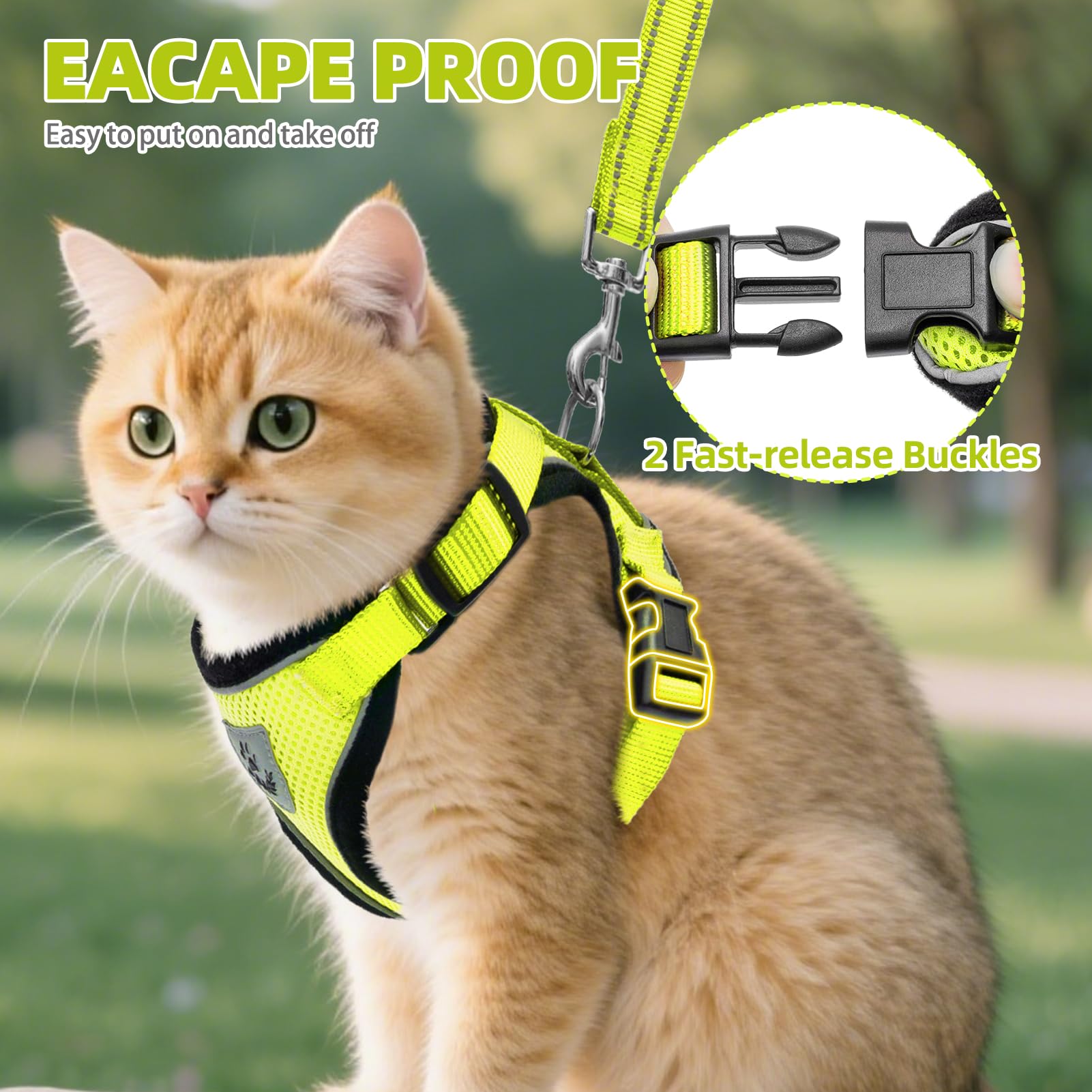 PUPTECK Cat Harness detail highlighting reflective strips for outdoor visibility.