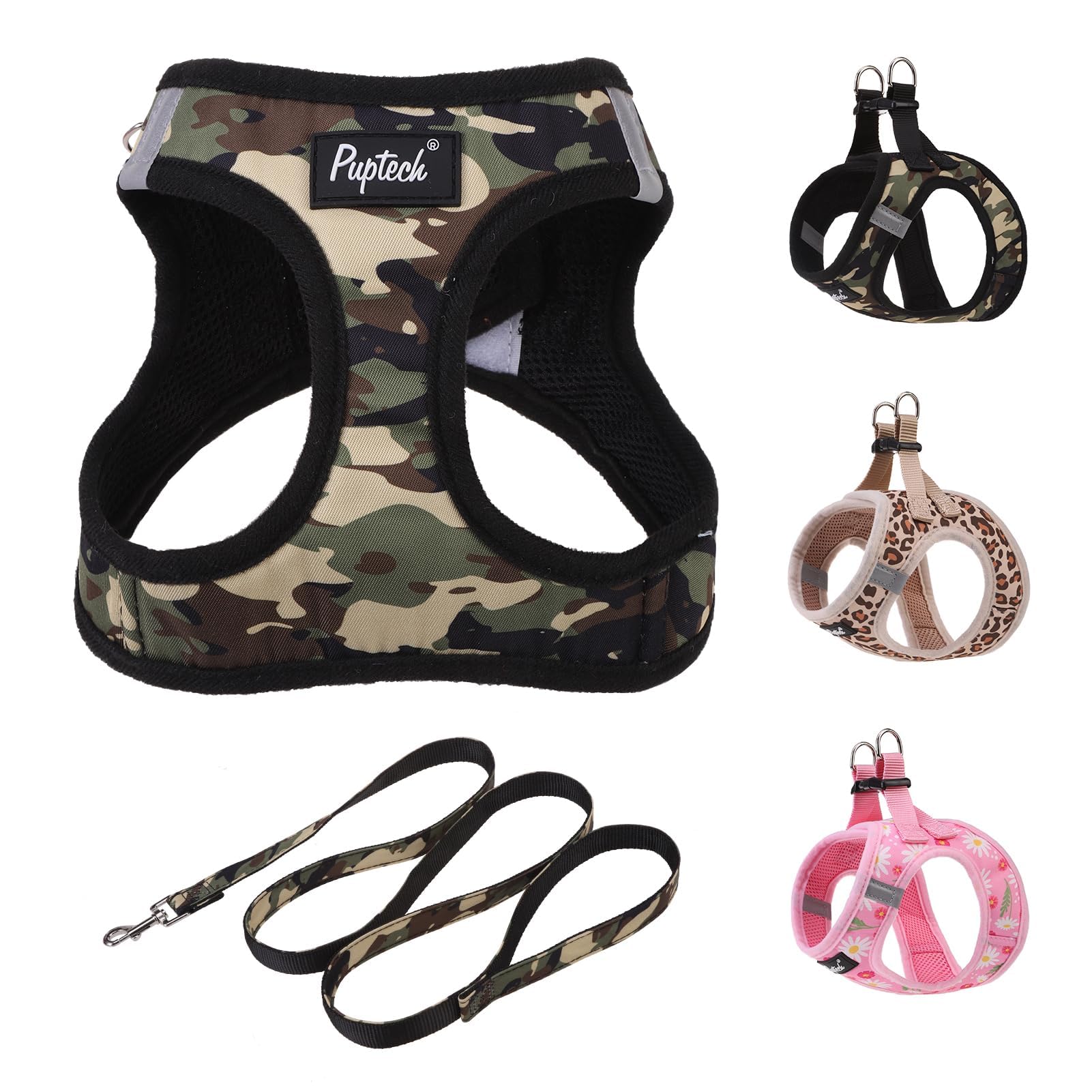 PUPTECK dog harness and leash set shown in its camouflage pattern.