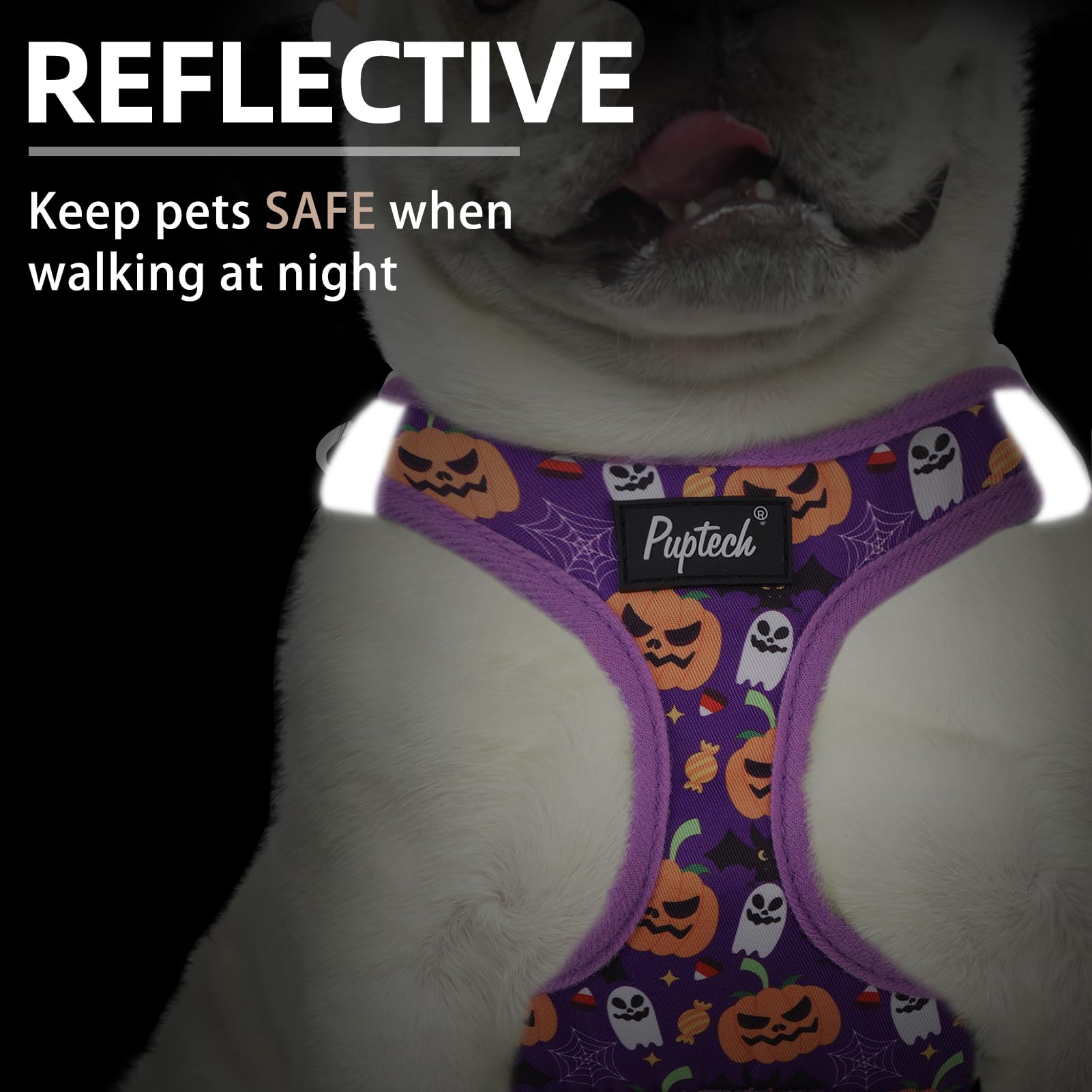 PUPTECK dog harness showing the reflective strips on both sides.