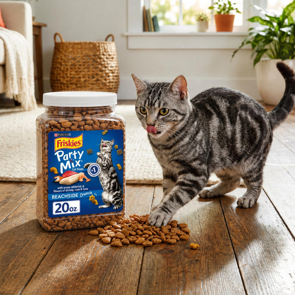 Purina Friskies Party Mix cat treats shown from the back of the package.
