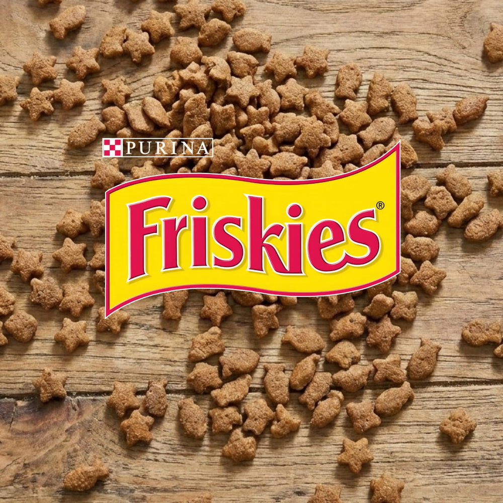 Purina Friskies Party Mix cat treats shown as a snack for a cat.