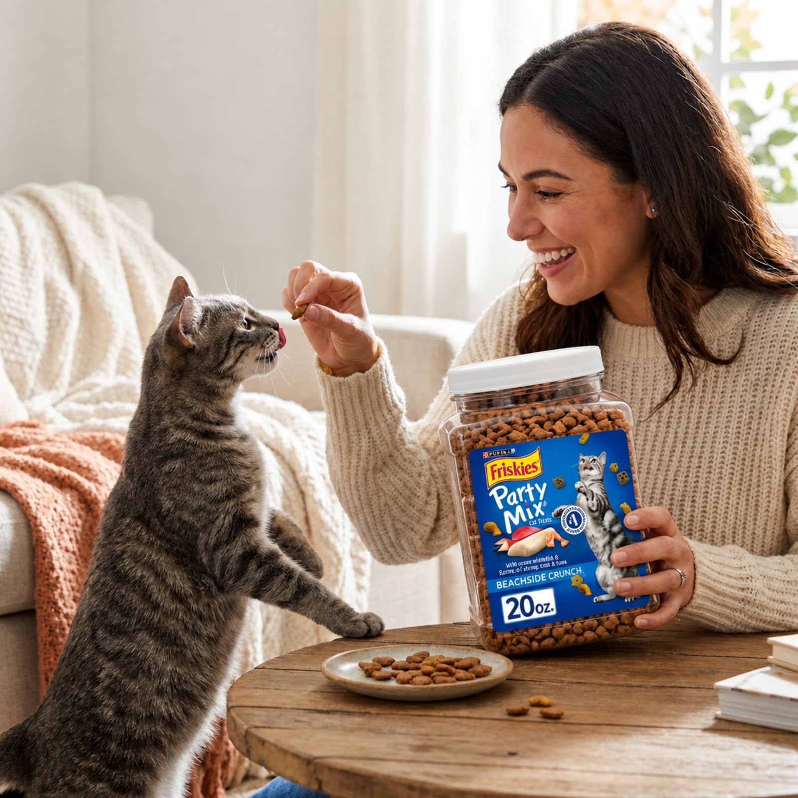 Purina Friskies Party Mix cat treats with the seafood flavor information in view.