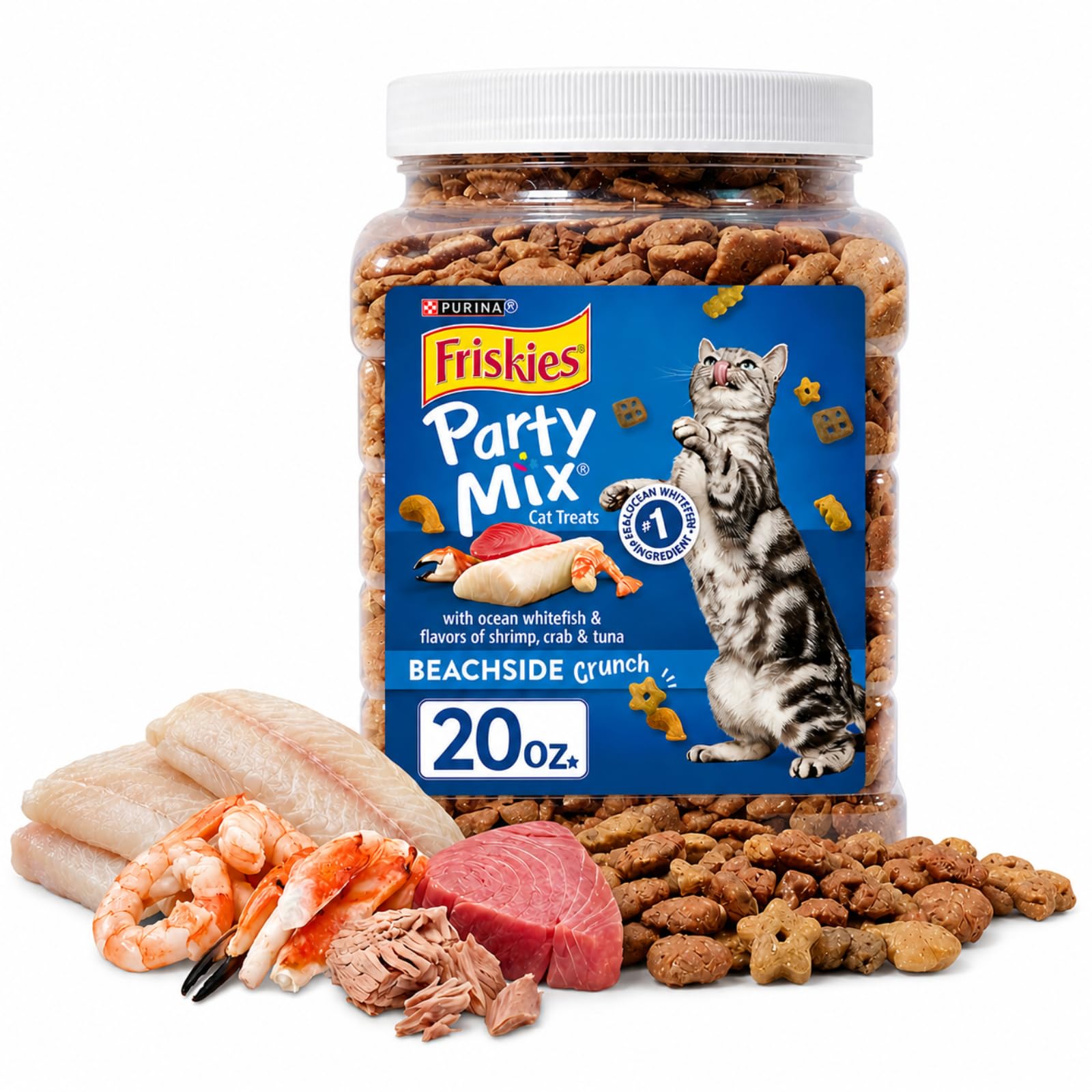 Purina Friskies Party Mix cat treats shown in a front package view.