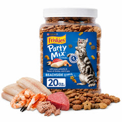 Purina Friskies Party Mix cat treats shown in a front package view.