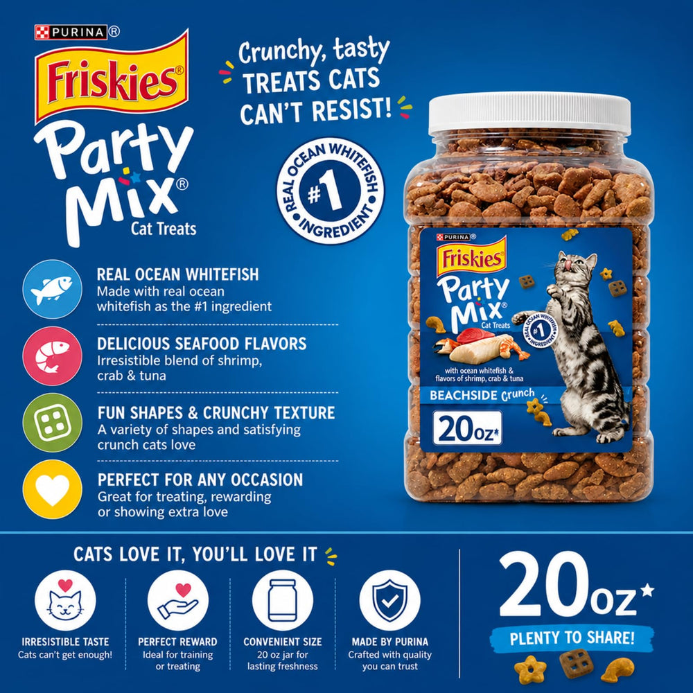Purina Friskies Party Mix cat treats with the ingredient label in focus.