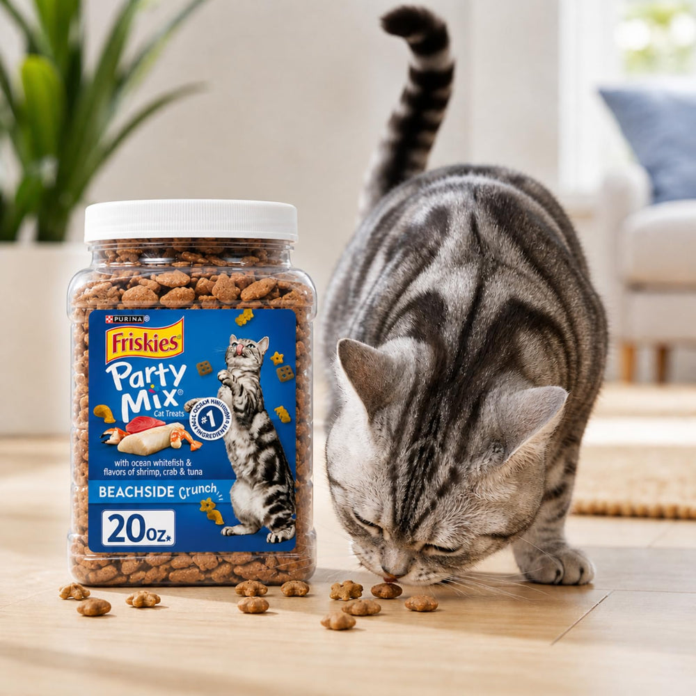 Purina Friskies Party Mix cat treats in a resealable jar.