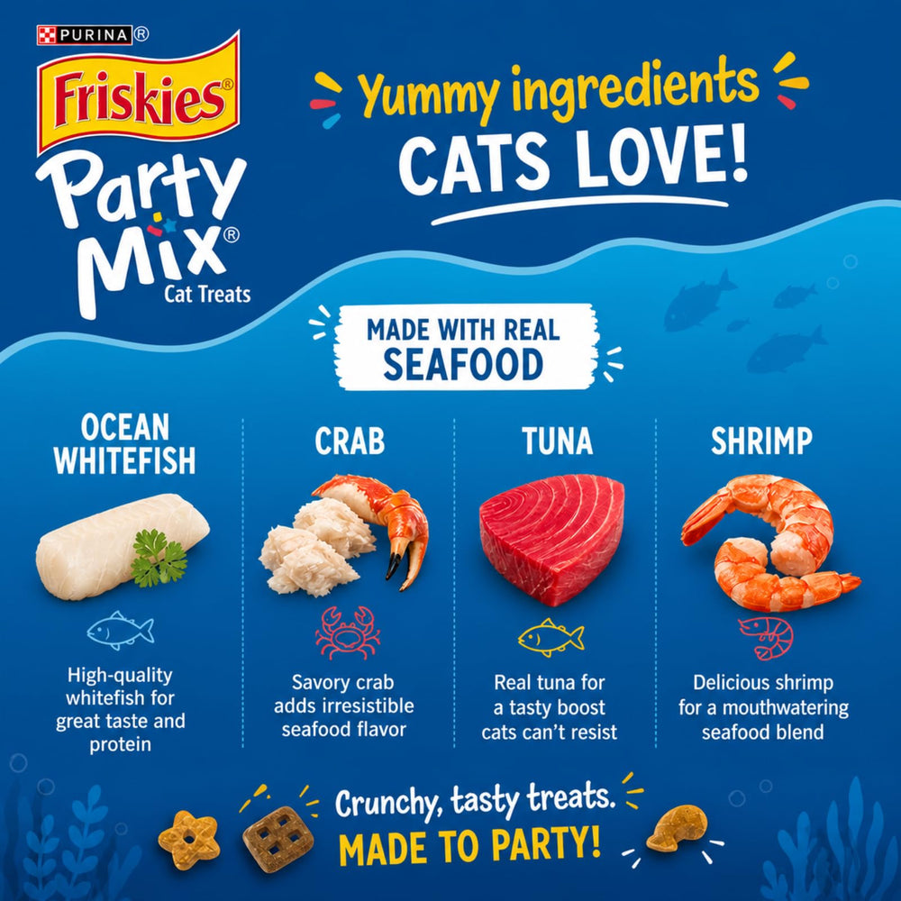 Purina Friskies Party Mix cat treats shown in a mix of shapes.
