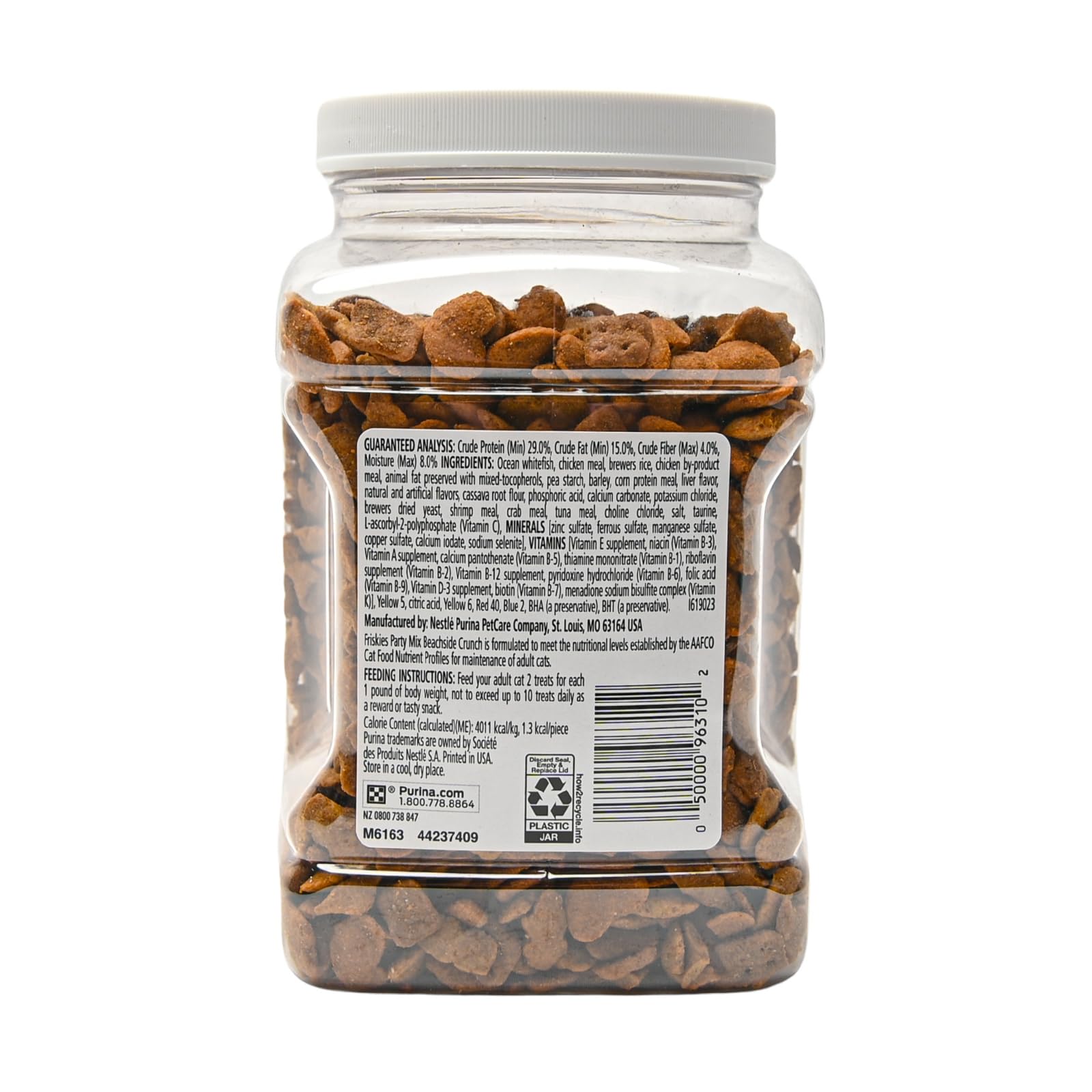 Purina Friskies Party Mix cat treats shown close up to reveal their crunchy pieces.