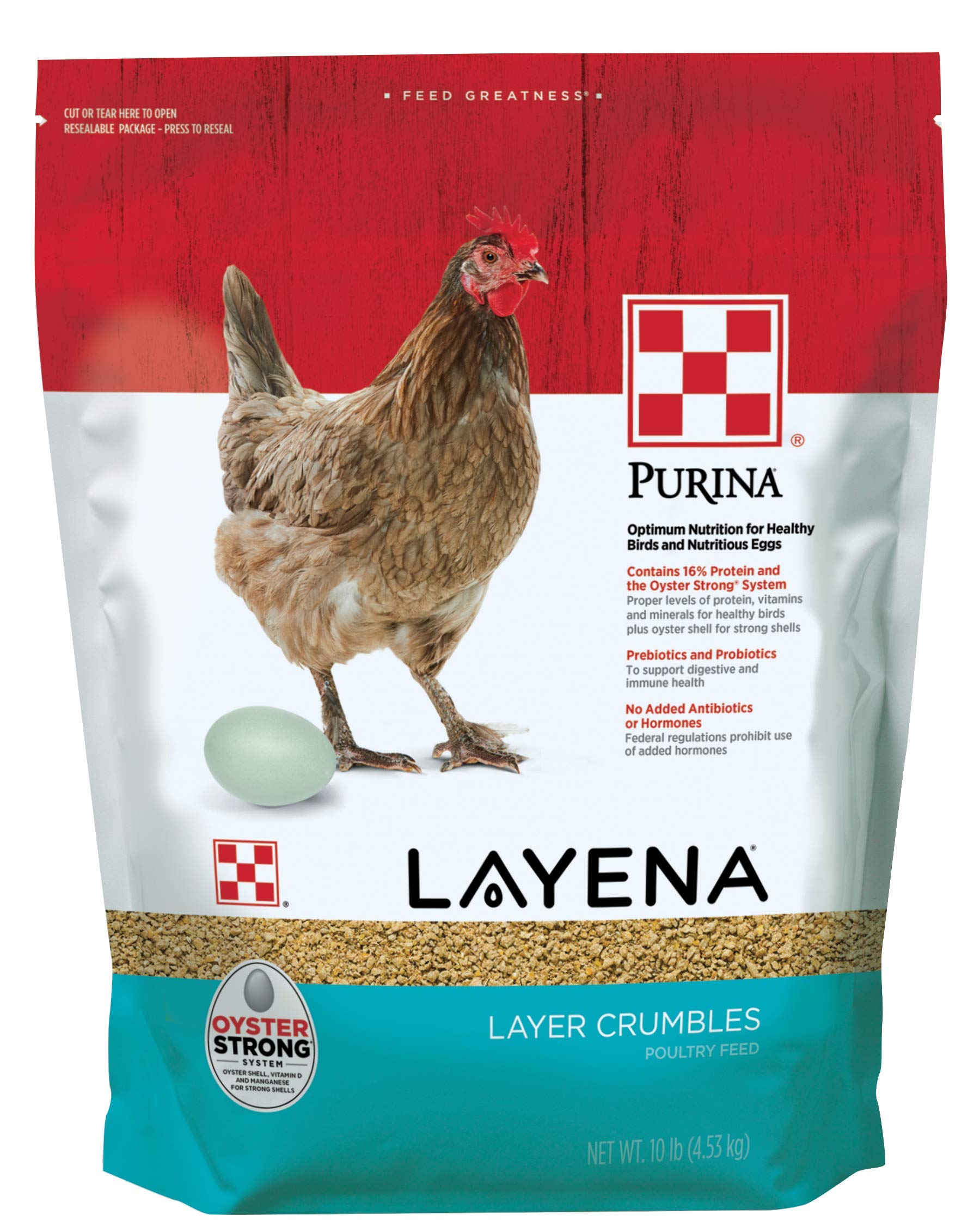 Purina Layena layer hen feed shown from the front of its bag.