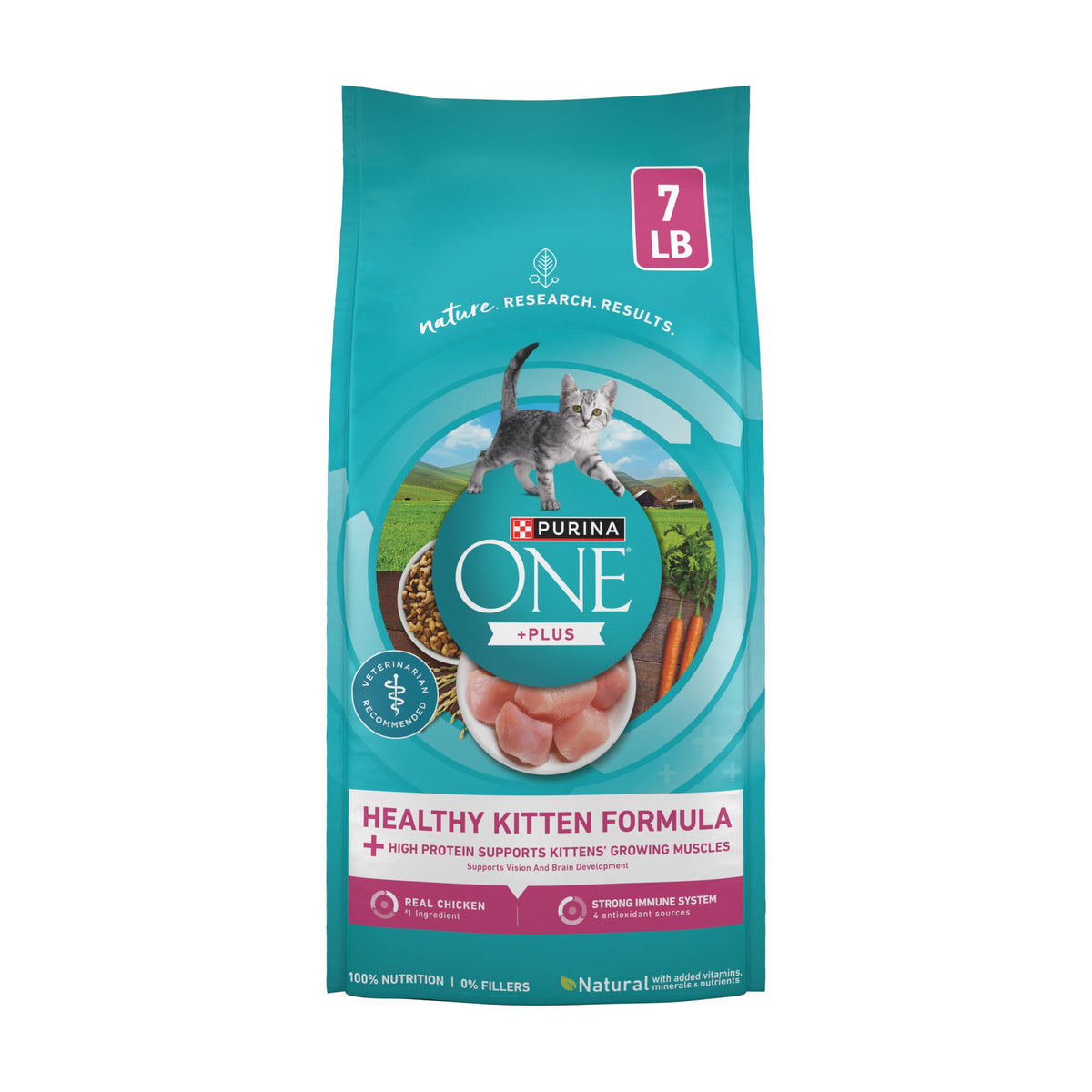 Purina ONE kitten dry cat food bag shown from the front.