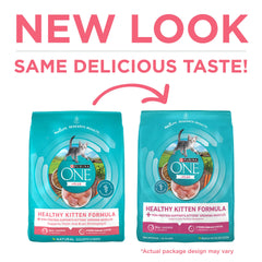 Purina ONE kitten dry cat food kibble shown in a close-up.