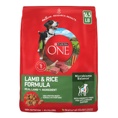 Purina ONE Lamb and Rice Formula dry dog food bag shown from the front.