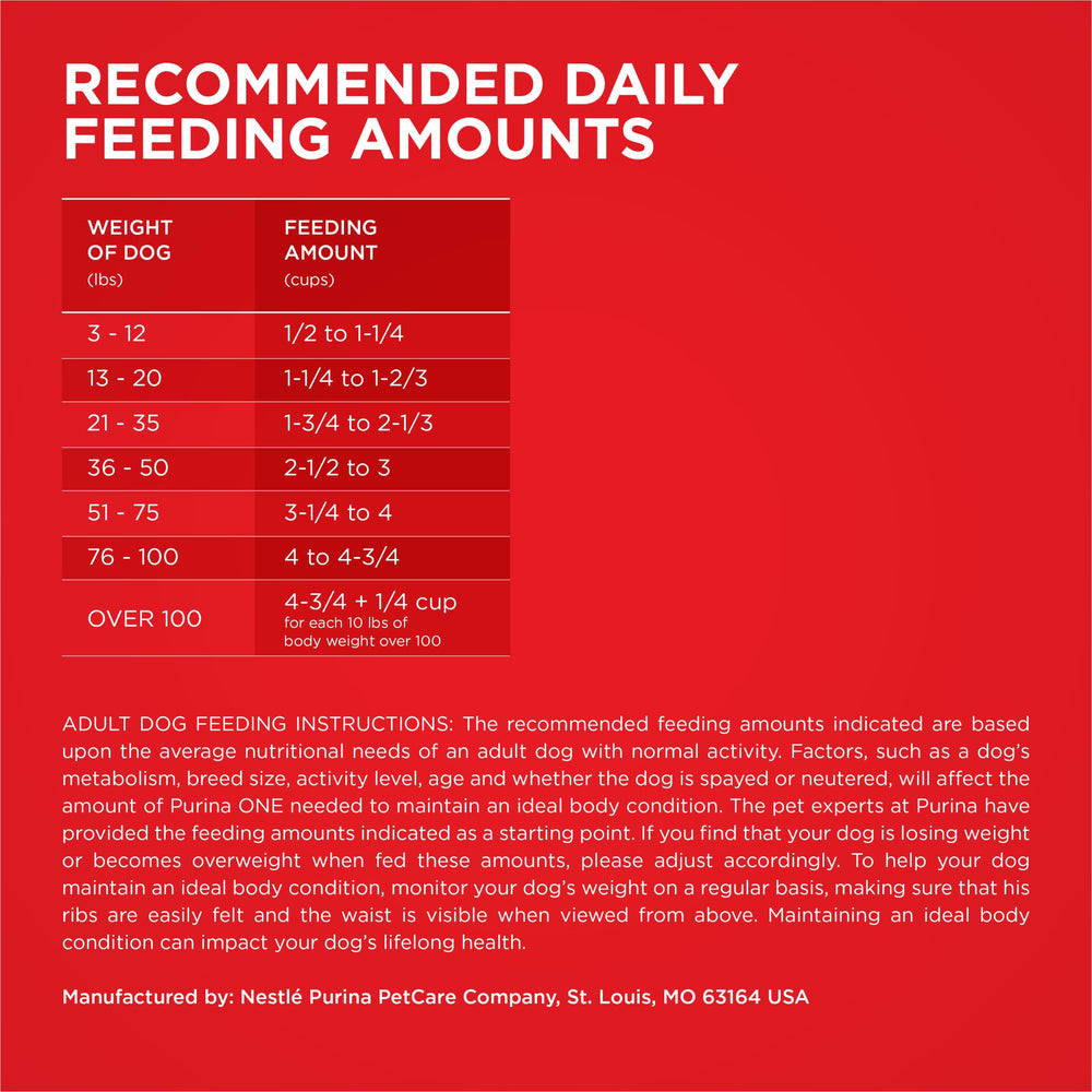 Purina ONE Lamb and Rice Formula dry dog food ingredient panel on the package.