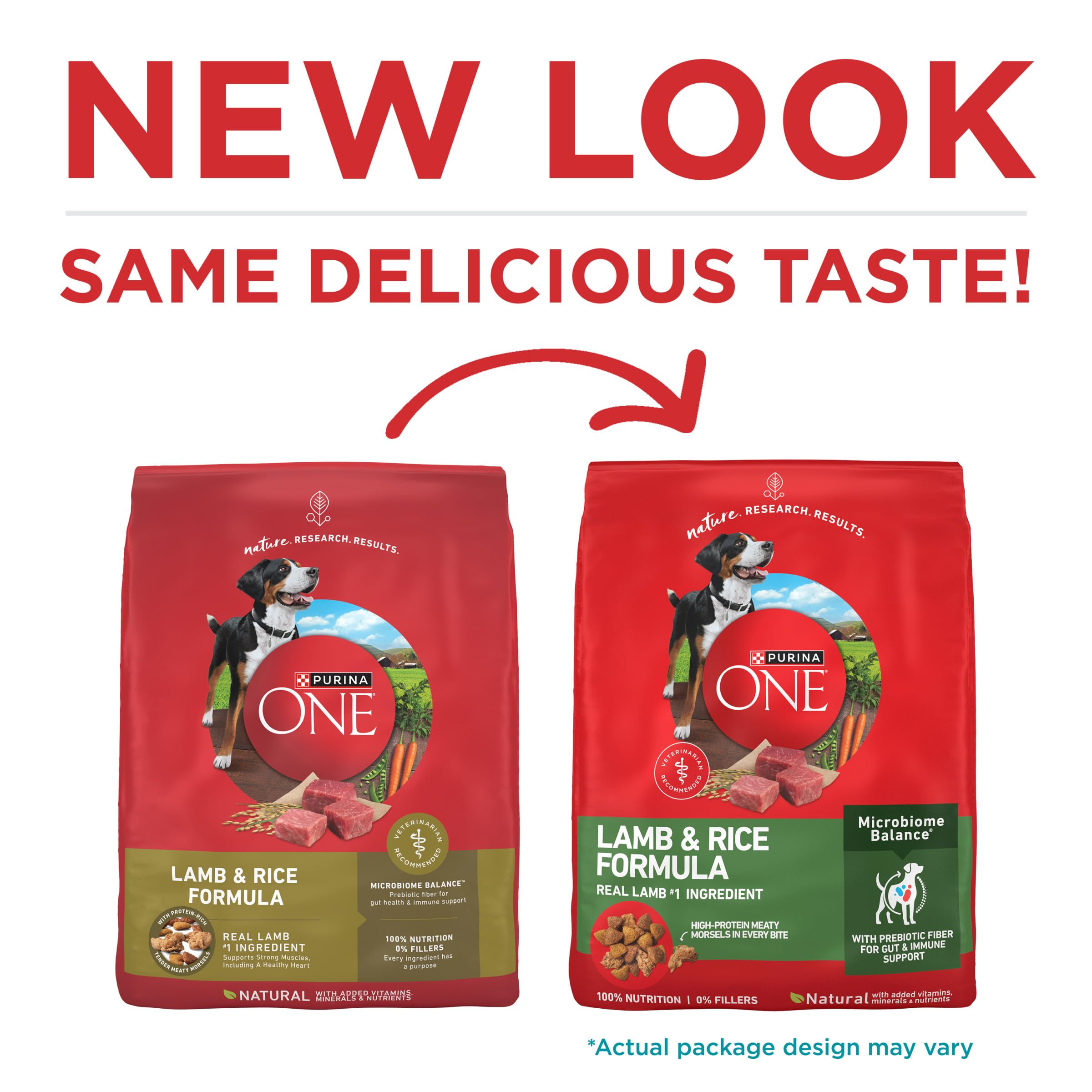 Purina ONE Lamb and Rice Formula dry dog food kibble shown close up.