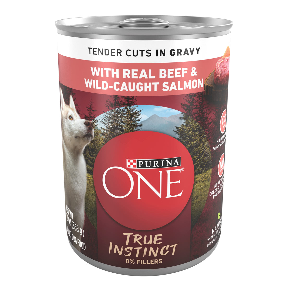 Purina ONE wet dog food can shown from the front.