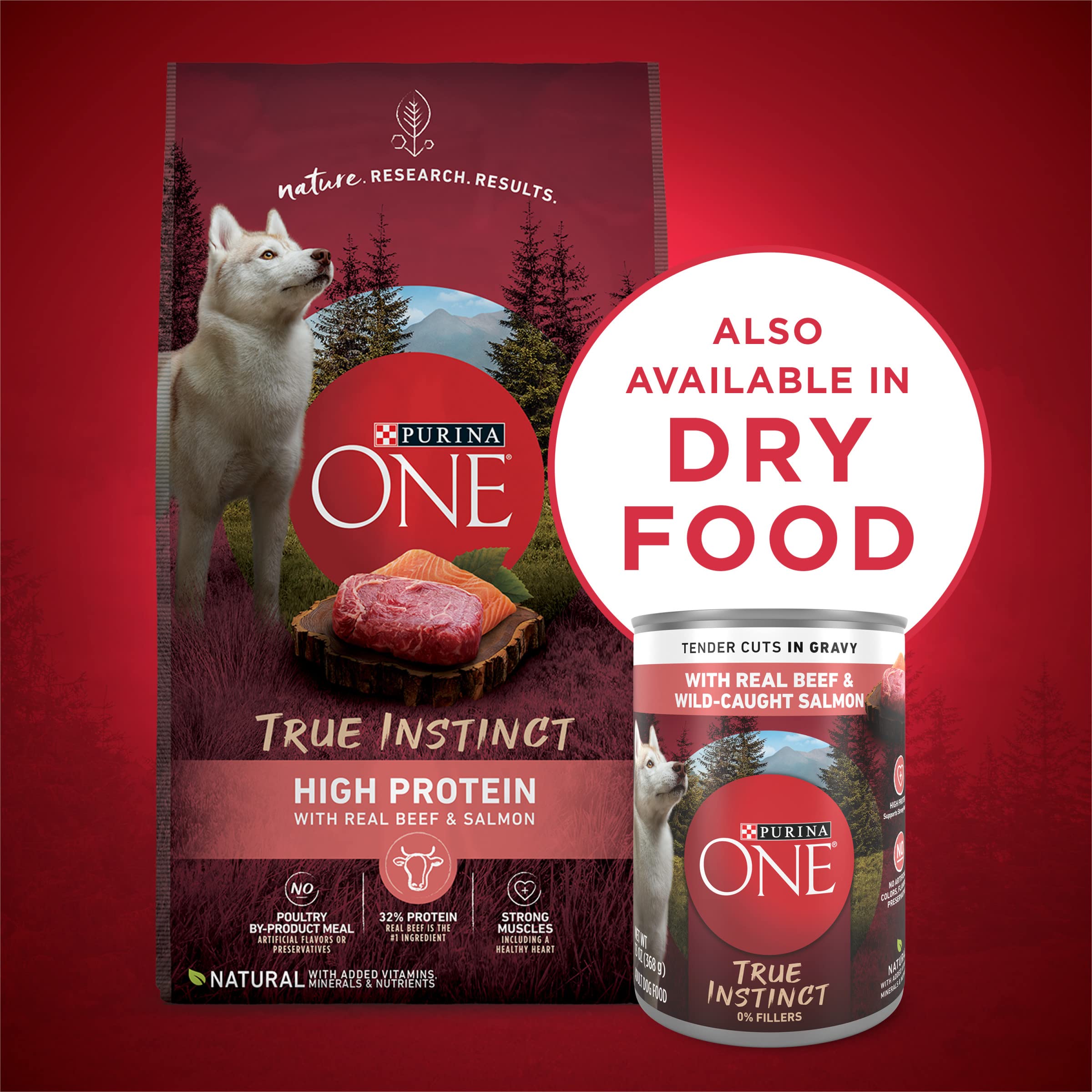 Purina ONE wet dog food can shown from a side angle.