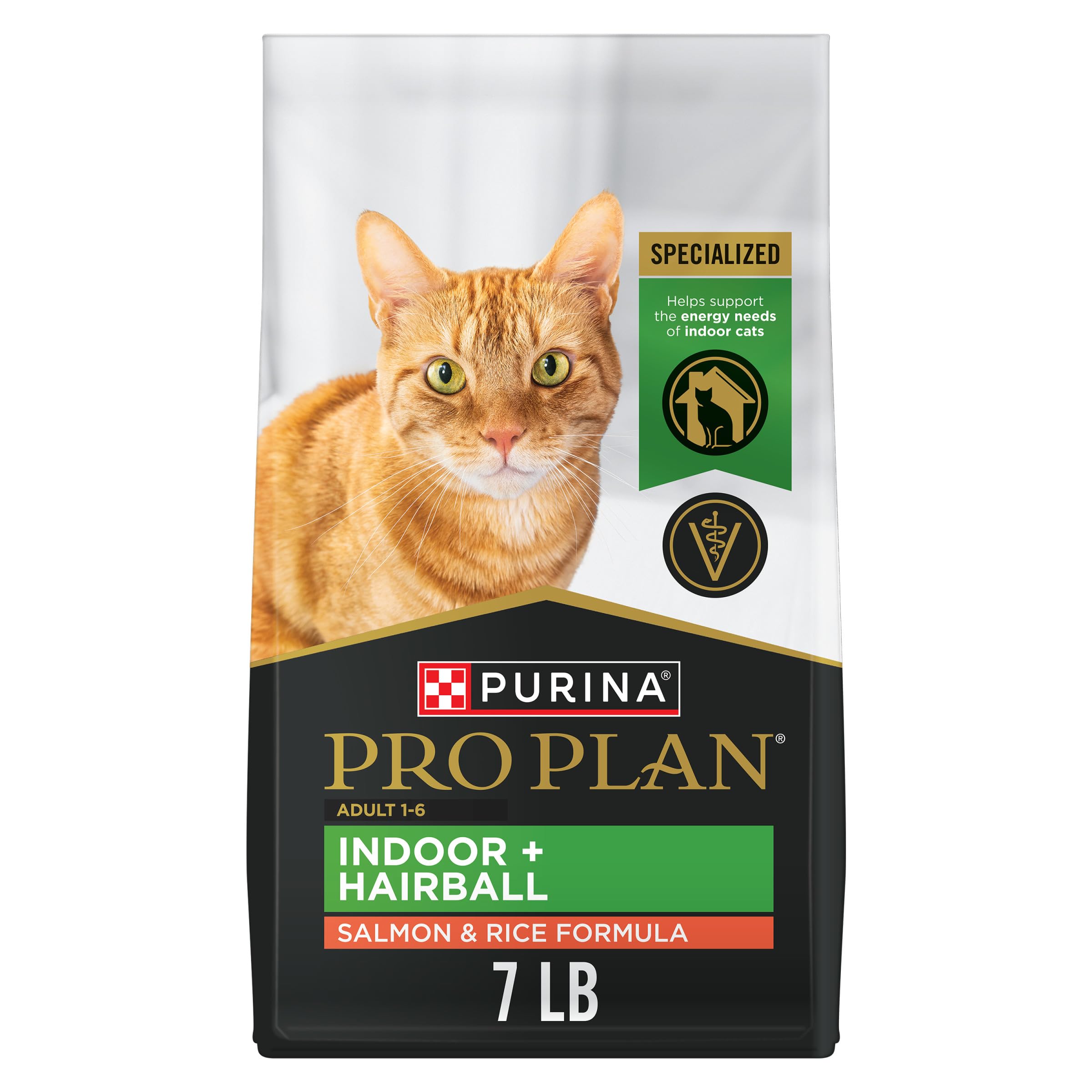 Purina Pro Plan indoor cat food bag showing the Hairball Salmon and Rice Formula.