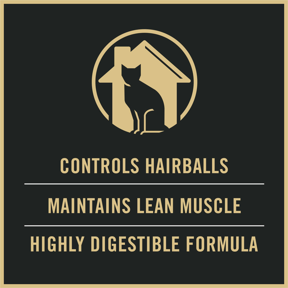 Purina Pro Plan indoor cat food highlighting natural fiber for hairball control.
