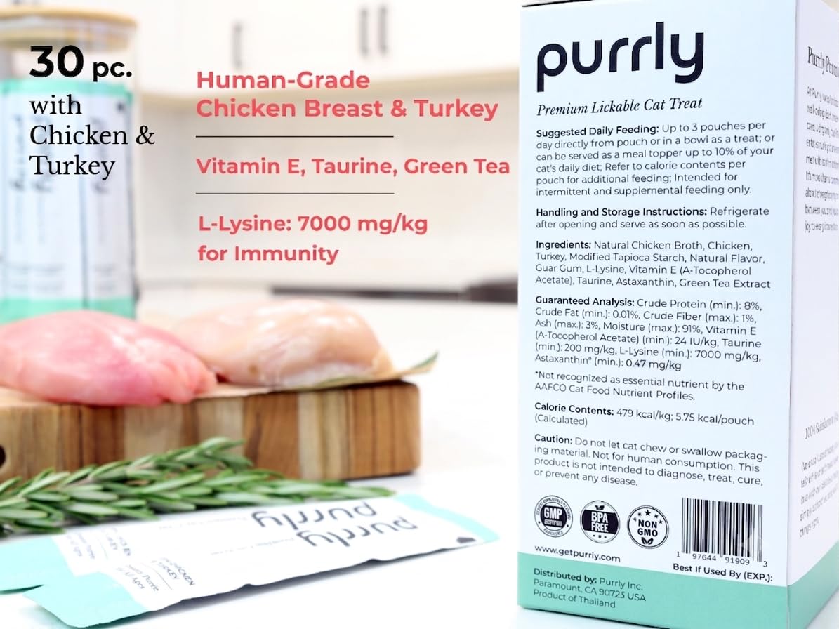 Purrly lickable cat treats featuring the chicken and turkey recipe.