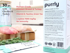 Purrly lickable cat treats featuring the chicken and turkey recipe.