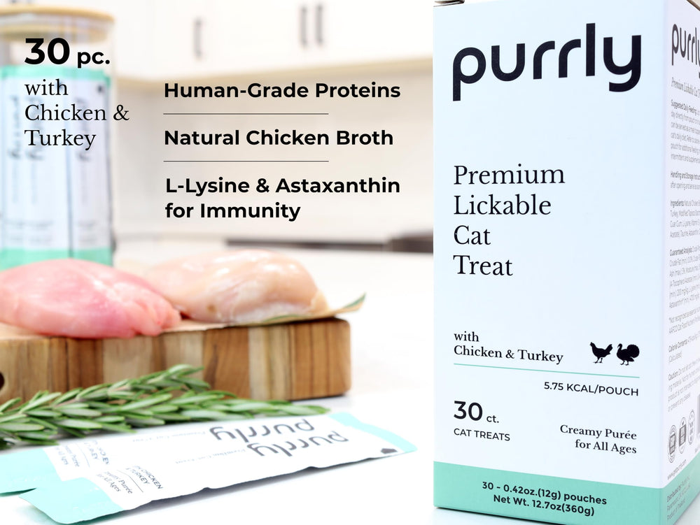 Purrly lickable cat treats shown as a 30-count pack.