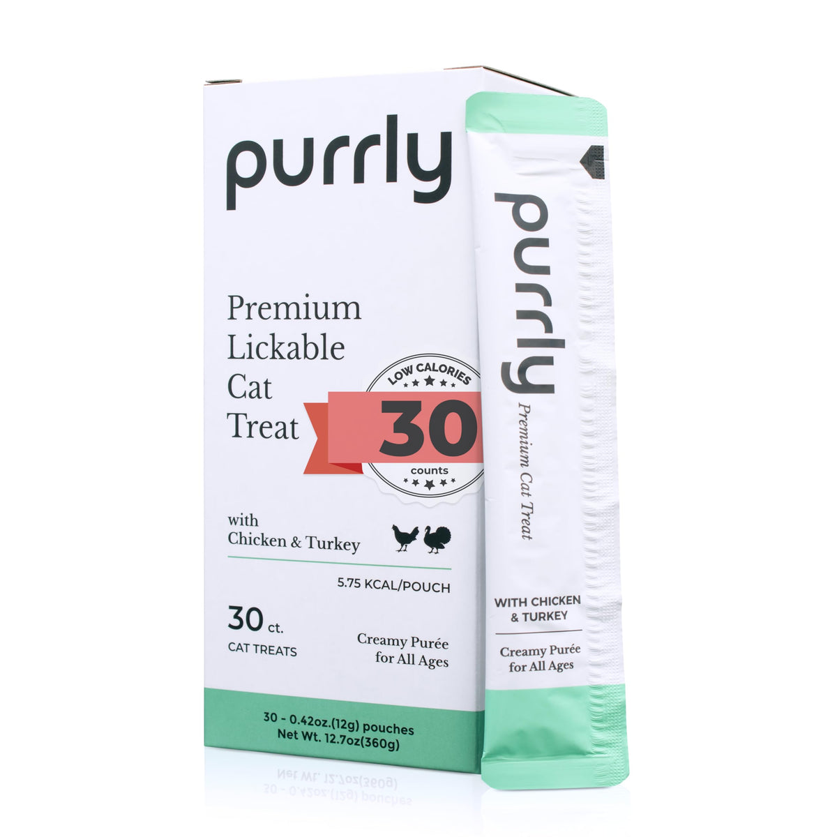 Purrly lickable cat treats shown with the front of the product pack.