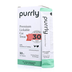 Purrly lickable cat treats shown with the front of the product pack.
