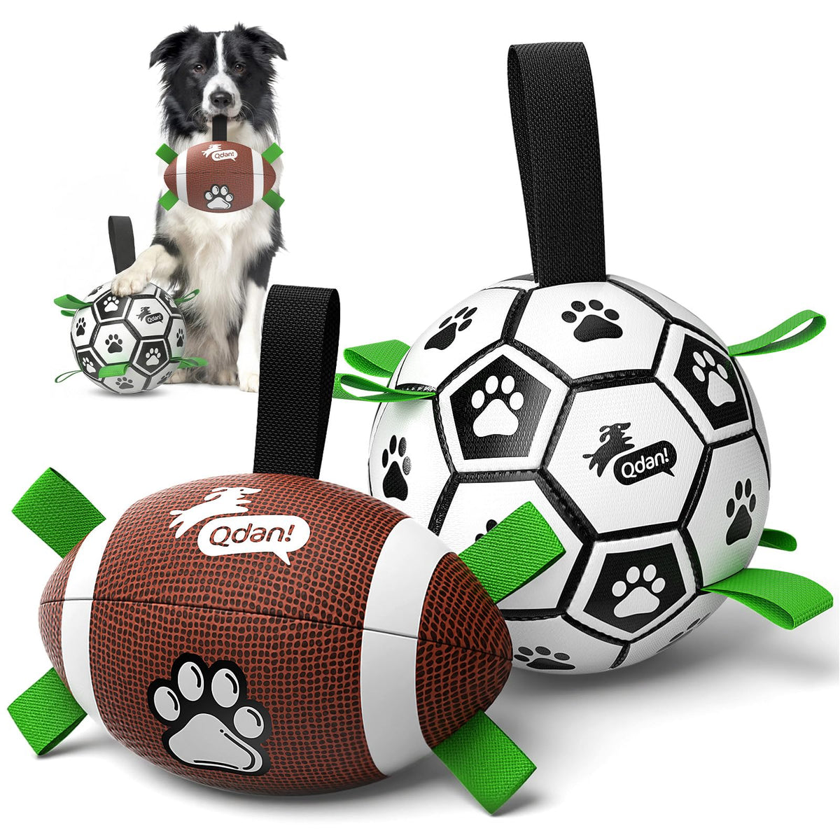 QDAN dog ball set showing the soccer ball and football from the front.
