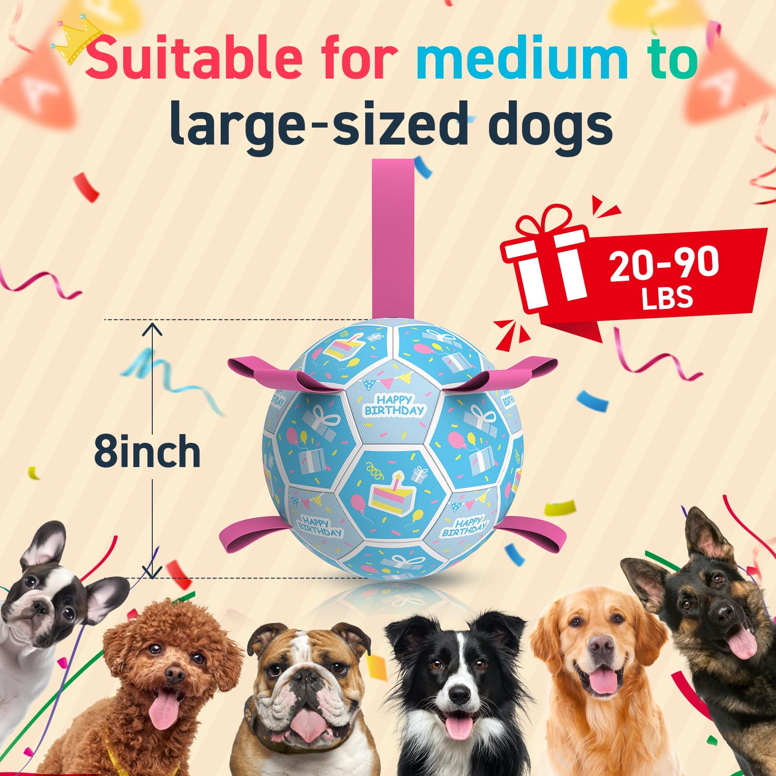 QDAN dog birthday soccer ball used for tug-of-war and herding play.
