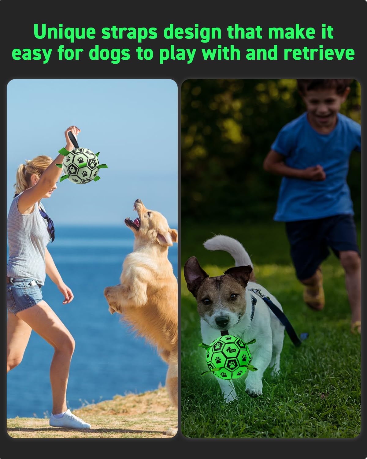QDAN glow-in-the-dark dog ball showing its green fluorescent glow.