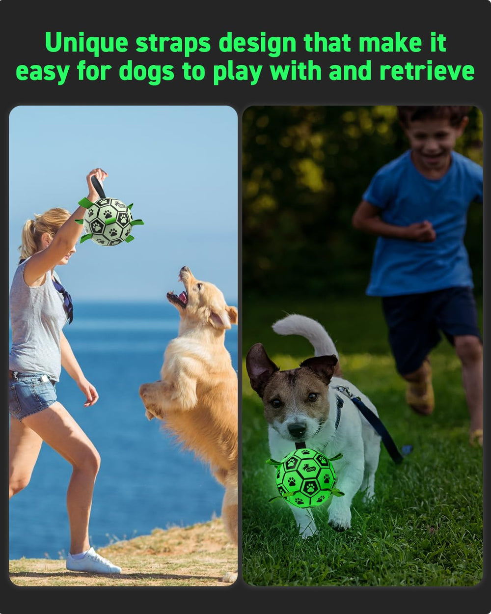 QDAN glow-in-the-dark dog ball showing its green fluorescent glow.