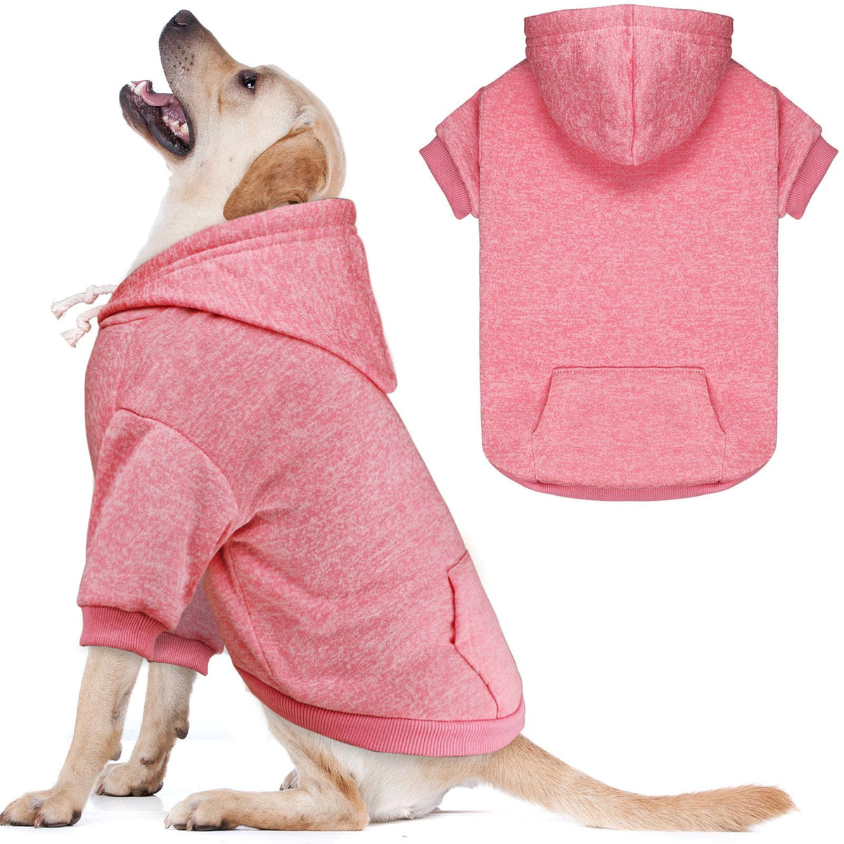QDYU dog hoodie shown from the front in pink.