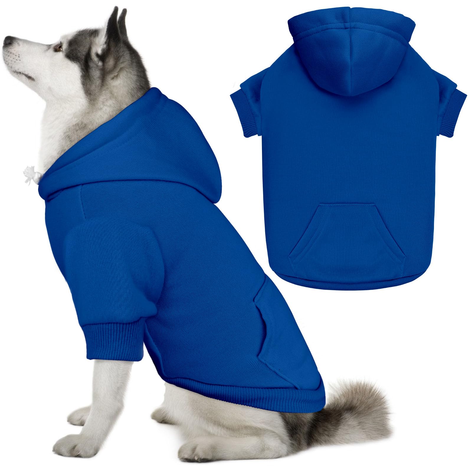 QDYU dog hoodie shown from the front in solid blue.