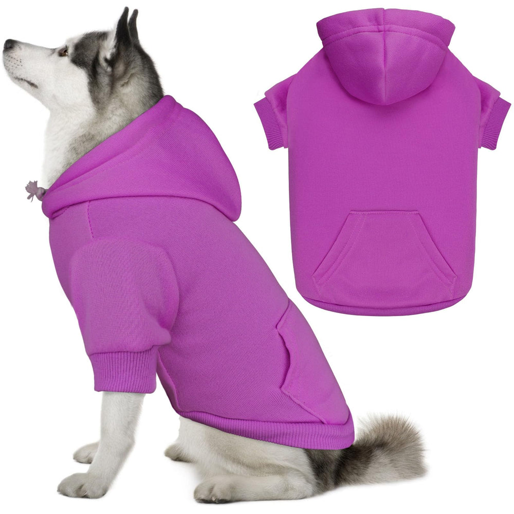 QDYU dog hoodie shown from the front in solid purple.