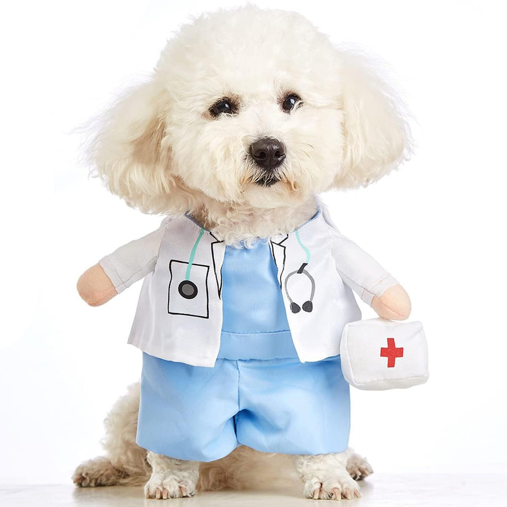 Qidelong pet doctor costume close-up showing its cotton fabric.