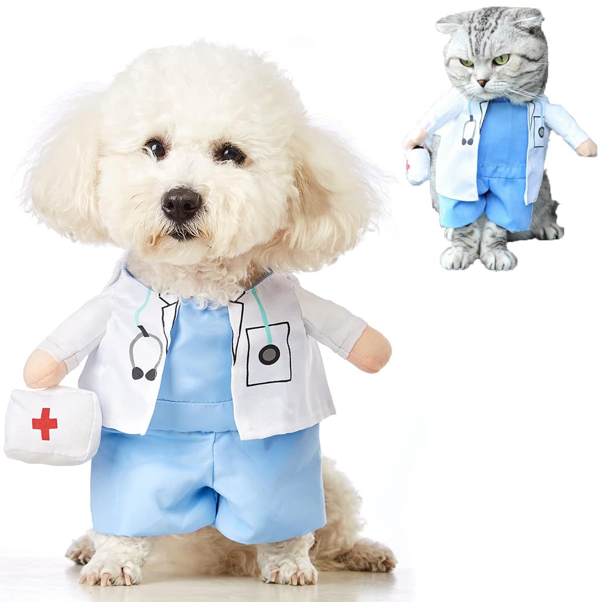 Qidelong pet doctor costume shown from the front with its white gown and blue scrubs.