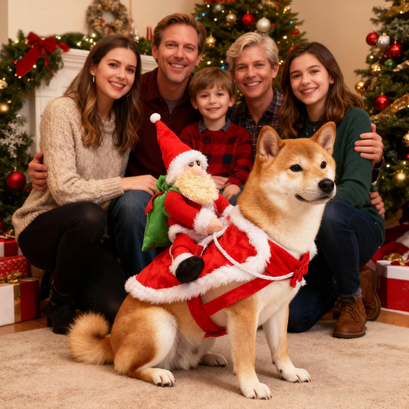 QKURT Santa Dog Costume viewed from the back to show its saddle-shaped design.