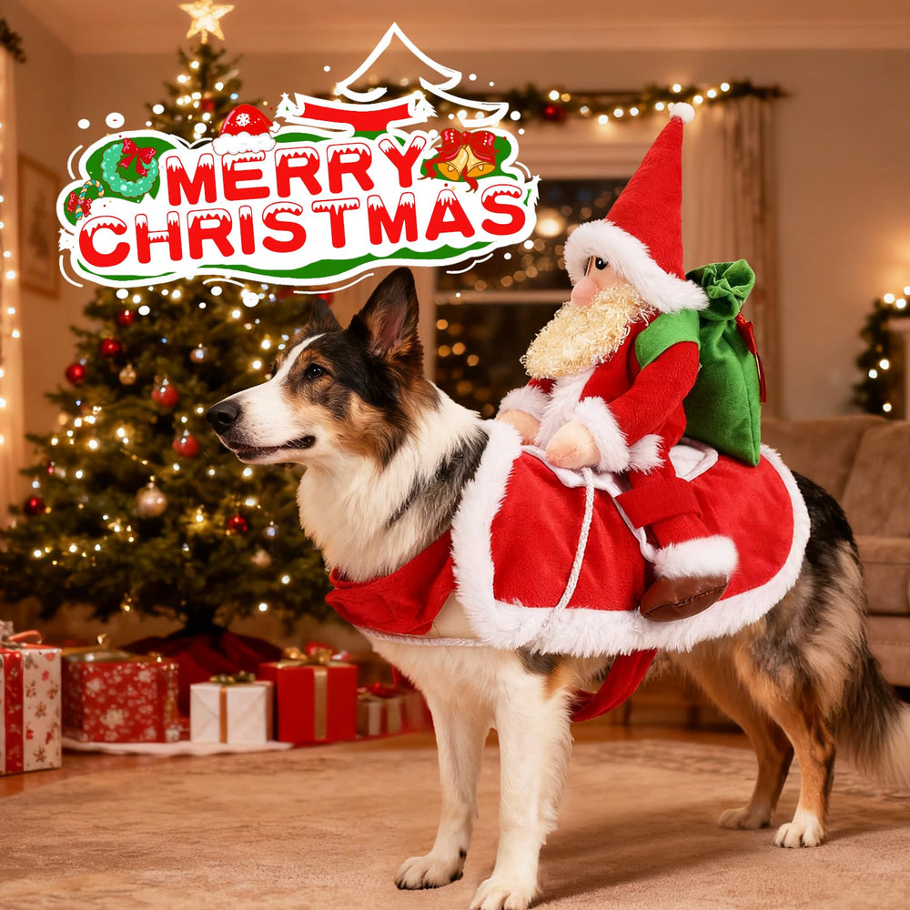 QKURT Santa Dog Costume featuring Santa riding a reindeer with a bag of gifts.