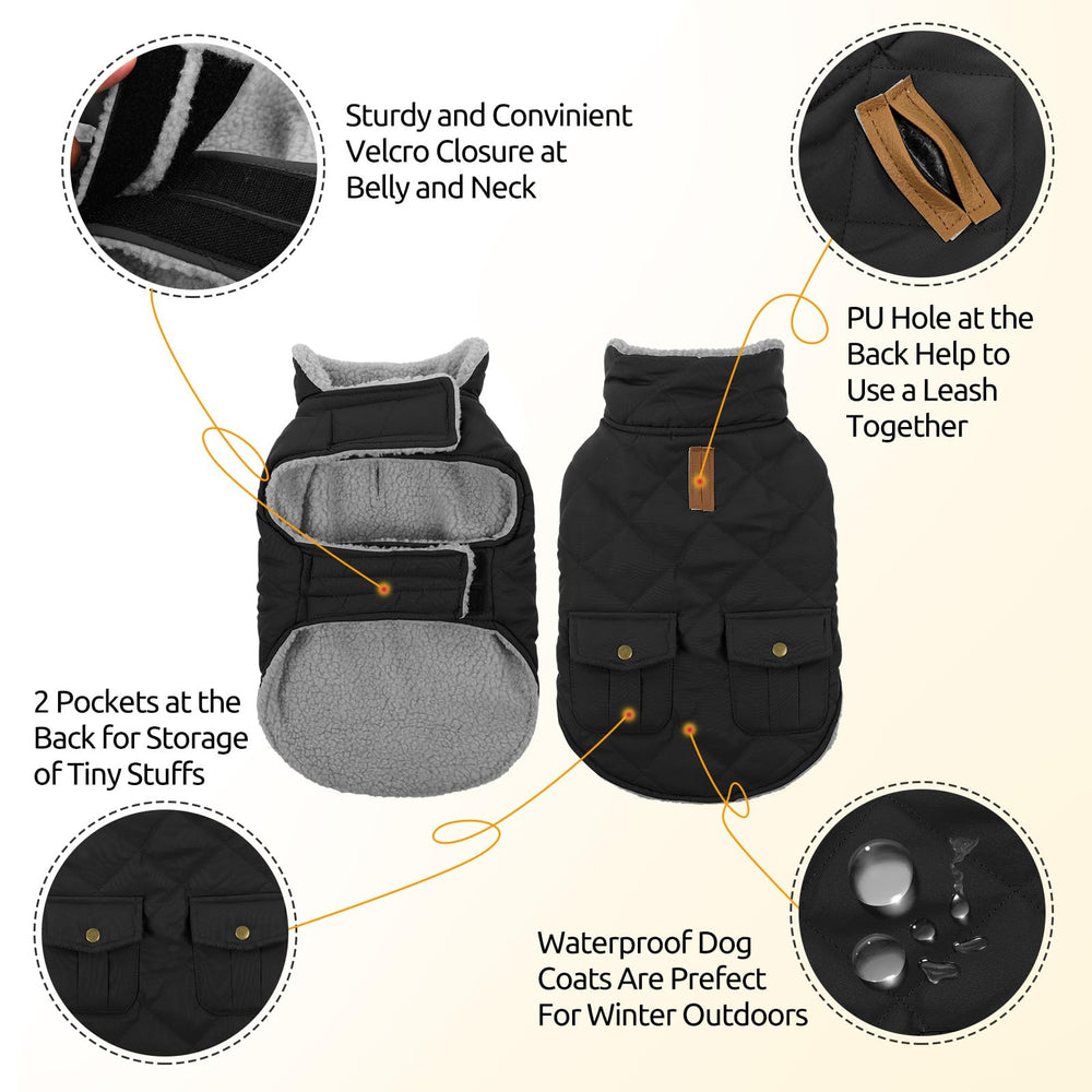 Queenmore dog winter coat showing the brown PU leash opening.