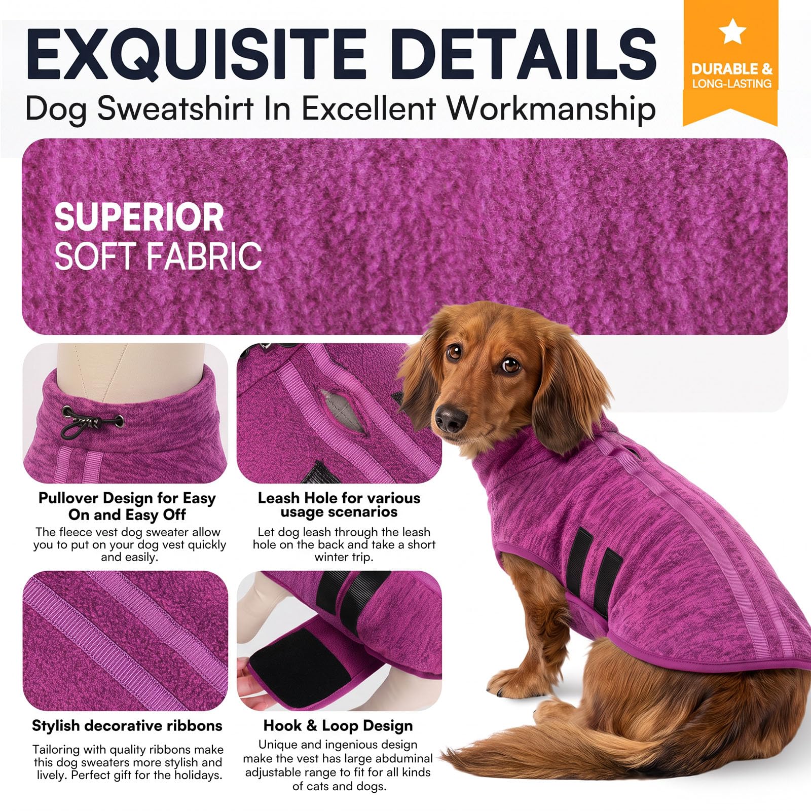 Queenmore dog fleece sweater back showing decorative ribbons and leash hole.