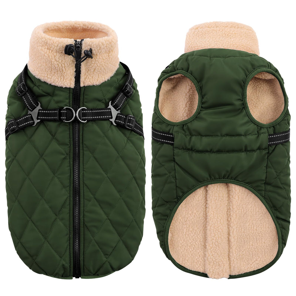 Queenmore dog jacket size range display showing sizes S through 3XL.