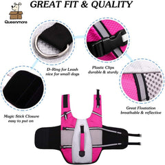 Queenmore dog life jacket back showing the nylon grab handle and leash hook.