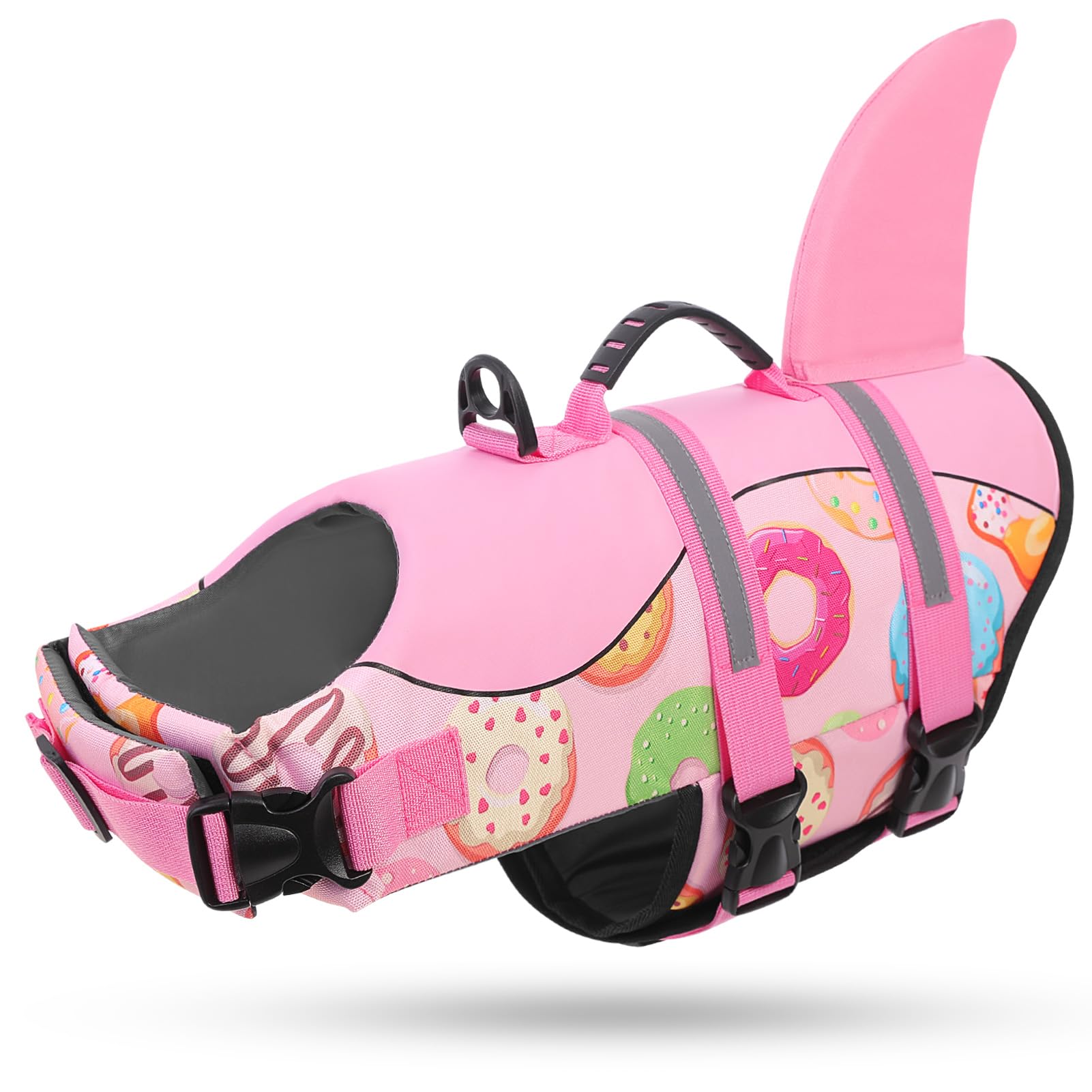 Queenmore dog life jacket shown from the front with its shark-inspired shape.