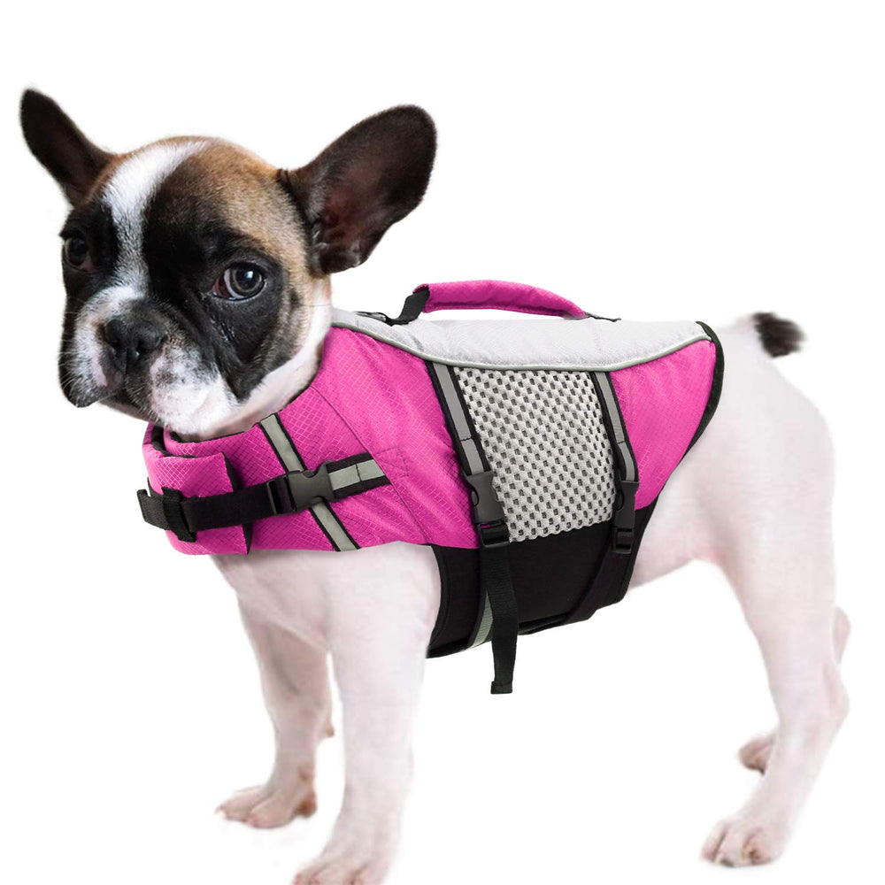 Queenmore dog life jacket shown from the front in pink.