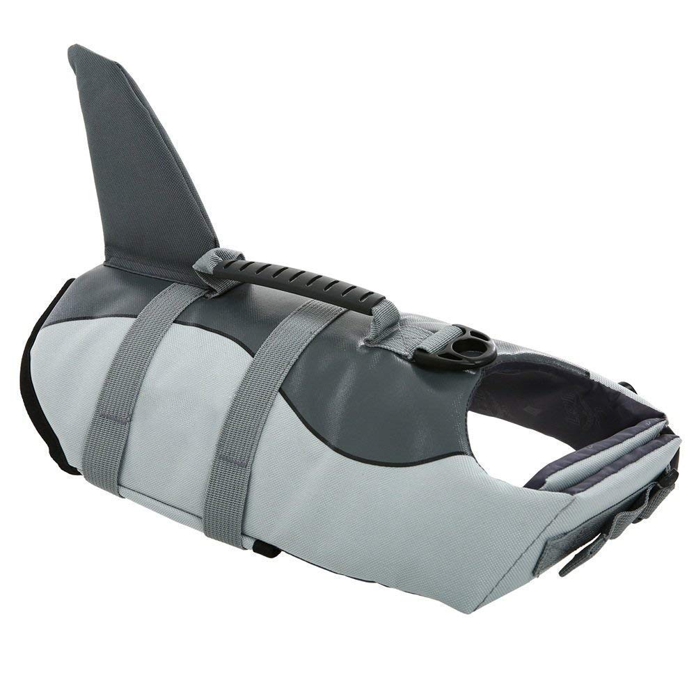 Queenmore dog life jacket shown from the front in the Grey Shark design.