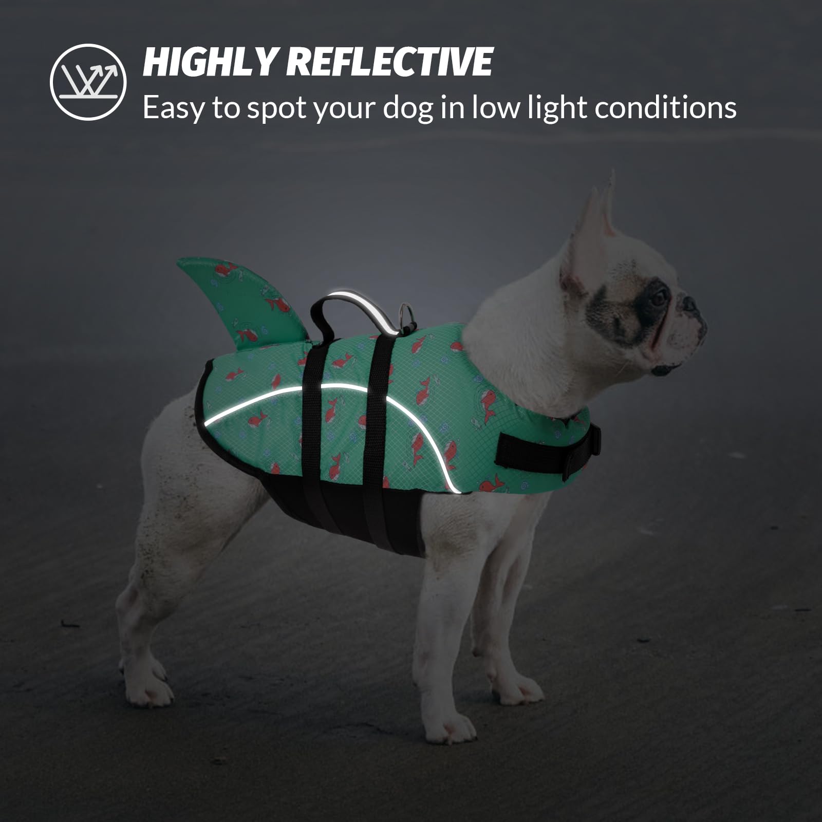 Queenmore Dog Life Jacket with its leash attachment hook in focus.