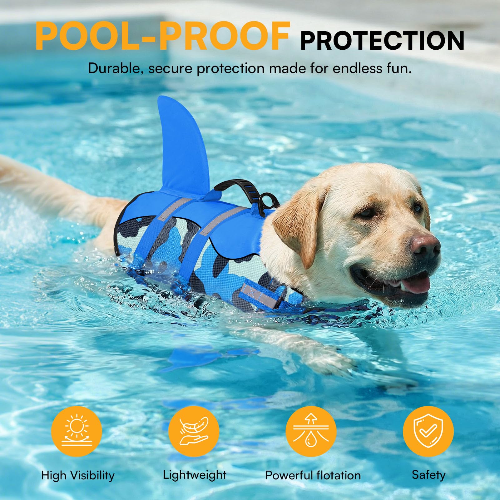 Queenmore Dog Life Jacket showing reflective accents and bright colors.